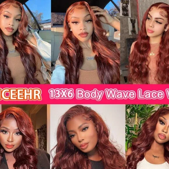 28 Inch Reddish Brown Body Wave Lace Front Human Hair Wig